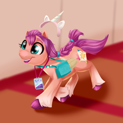 Size: 2608x2610 | Tagged: safe, artist:miguelpadillaarts, sunny starscout, earth pony, pony, g5, badge, bag, braid, cardboard wings, cosplay, costume, cute, fake cutie mark, fake horn, fake wings, female, high res, in-universe pegasister, mare, open mouth, ponycon, running, solo, sunny's bag, sunnybetes, unshorn fetlocks