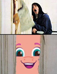 Size: 617x799 | Tagged: safe, edit, sunny starscout, earth pony, pony, g5, axe, face, fear, here's johnny, meme, photoshop, screaming, smiling, the shining, weapon, woman