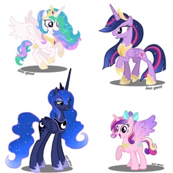 Size: 1080x1080 | Tagged: safe, artist:luna.queex, princess cadance, princess celestia, princess luna, twilight sparkle, alicorn, pony, g4, the last problem, bedroom eyes, bow, crown, ethereal mane, eyelashes, female, flying, grin, hair bow, hoof shoes, horn, jewelry, mare, older, older twilight, open mouth, peytral, princess twilight 2.0, raised hoof, rearing, regalia, signature, simple background, smiling, starry mane, tiara, twilight sparkle (alicorn), wings