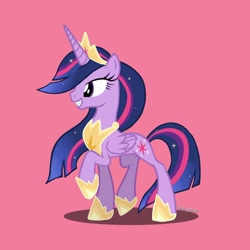 Size: 1080x1080 | Tagged: safe, alternate version, artist:luna.queex, twilight sparkle, alicorn, pony, g4, the last problem, crown, cutie mark, ethereal mane, eyelashes, female, grin, hoof shoes, horn, jewelry, mare, older, older twilight, peytral, pink background, princess twilight 2.0, raised hoof, regalia, signature, simple background, smiling, solo, starry mane, tiara, twilight sparkle (alicorn), wings