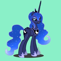 Size: 1080x1080 | Tagged: safe, alternate version, artist:luna.queex, princess luna, alicorn, pony, g4, blue background, ethereal mane, eyelashes, female, grin, hoof shoes, horn, jewelry, mare, peytral, signature, simple background, smiling, solo, starry mane, tiara, wings