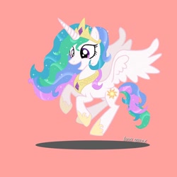 Size: 1080x1080 | Tagged: safe, alternate version, artist:luna.queex, princess celestia, alicorn, pony, g4, eyelashes, female, flying, grin, hoof shoes, horn, jewelry, mare, peytral, pink background, rearing, signature, simple background, smiling, solo, tiara, wings