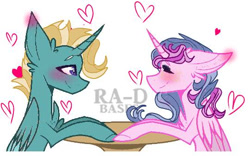 Size: 540x338 | Tagged: safe, artist:cocolove2176, oc, oc only, alicorn, pony, alicorn oc, base used, blushing, chest fluff, ear fluff, eyes closed, heart, horn, oc x oc, shipping, simple background, smiling, white background, wings