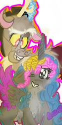 Size: 540x1080 | Tagged: safe, artist:cocolove2176, discord, oc, alicorn, draconequus, pony, g4, alicorn oc, bust, duo, eyelashes, female, grin, horn, male, mare, one eye closed, simple background, smiling, white background, wings, wink