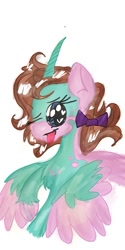 Size: 540x1080 | Tagged: safe, artist:cocolove2176, oc, oc only, alicorn, pony, :p, alicorn oc, bow, bust, female, hair bow, heart eyes, horn, mare, simple background, solo, tongue out, two toned wings, white background, wingding eyes, wings
