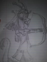 Size: 780x1040 | Tagged: safe, artist:cocolove2176, discord, draconequus, g4, arrow, bow (weapon), captain wuzz, grayscale, lineart, lined paper, male, monochrome, solo, traditional art