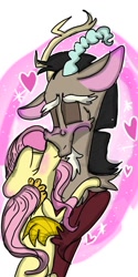 Size: 540x1080 | Tagged: safe, artist:cocolove2176, discord, fluttershy, draconequus, pegasus, pony, g4, abstract background, blushing, facial hair, female, goatee, heart, hug, kissing, male, mare, ship:discoshy, shipping, straight
