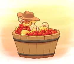 Size: 1300x1122 | Tagged: safe, artist:hc0, applejack, earth pony, pony, g4, apple, cowboy hat, eyes closed, female, food, hat, mare, solo, that pony sure does love apples, tub
