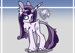 Size: 2388x1668 | Tagged: safe, artist:caramelbolt24, oc, oc only, pony, unicorn, abstract background, ear fluff, female, grin, horn, magical lesbian spawn, mare, offspring, parent:pinkie pie, parent:rarity, parents:raripie, reference sheet, signature, smiling, solo, story included, unicorn oc
