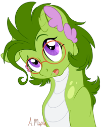 Size: 698x863 | Tagged: safe, artist:alicemaple, oc, oc only, oc:peridot, dracony, hybrid, bust, glasses, interspecies offspring, offspring, parent:rarity, parent:spike, parents:sparity, simple background, solo, transparent background