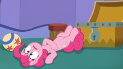 Size: 1280x720 | Tagged: safe, screencap, pinkie pie, earth pony, pony, g4, season 5, the one where pinkie pie knows, ball, belly, female, hoof on belly, lying down, on back, open mouth, shocked, shocked expression, solo, treasure chest