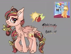 Size: 2120x1627 | Tagged: safe, artist:caramelbolt24, applejack, rainbow dash, oc, earth pony, pegasus, pony, g4, the last problem, bow, braided tail, chest fluff, cloven hooves, ear fluff, feathered fetlocks, female, flying, gray background, hair bow, hat, magical lesbian spawn, mare, offspring, older, older applejack, older rainbow dash, parent:applejack, parent:rainbow dash, parents:appledash, pegasus oc, screencap reference, simple background, smiling, tail bow, wings