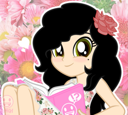 Size: 727x654 | Tagged: safe, artist:amgiwolf, oc, oc only, oc:amgi, equestria girls, g4, beauty mark, blushing, clothes, cute, equestria girls-ified, exclamation point, eyelashes, female, flower, flower in hair, interrobang, ocbetes, question mark, smiling, two toned eyes