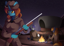 Size: 2000x1440 | Tagged: safe, artist:conrie, oc, oc only, oc:dust runner, anthro, fallout equestria, campfire, clothes, crossover, fallout, gun, night, sand, wagon, wasteland, weapon