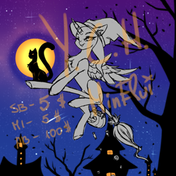 Size: 3000x3000 | Tagged: safe, artist:minelvi, oc, oc only, alicorn, cat, pony, alicorn oc, broom, commission, flying, flying broomstick, full moon, hat, high res, horn, moon, night, outdoors, pumpkin bucket, solo, tree, wings, witch hat, your character here