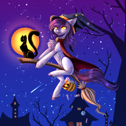 Size: 3000x3000 | Tagged: safe, artist:minelvi, oc, oc only, cat, earth pony, pony, broom, building, chest fluff, colored hooves, commission, earth pony oc, flying, flying broomstick, hat, high res, night, pumpkin bucket, shooting star, solo, stars, witch hat, ych result