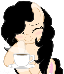 Size: 638x736 | Tagged: safe, artist:amgiwolf, oc, oc only, oc:amgi, earth pony, pony, base used, bust, coffee, colored hooves, cup, earth pony oc, eyelashes, eyes closed, female, mare, simple background, smiling, solo, transparent background