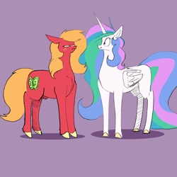 Size: 1280x1280 | Tagged: safe, artist:greyscaleart, color edit, edit, big macintosh, princess celestia, alicorn, earth pony, pony, g4, big macintosh is not amused, colored, duo, female, height envy, looking at each other, macareina, macareina is not amused, mare, missing accessory, missing cutie mark, purple background, rule 63, simple background, tiptoe, unamused