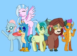 Size: 2048x1491 | Tagged: safe, artist:mythril azure, gallus, ocellus, sandbar, silverstream, smolder, yona, changedling, changeling, classical hippogriff, dragon, earth pony, griffon, hippogriff, pony, yak, g4, blue background, bow, cloven hooves, colored hooves, dragoness, female, flying, group, hair bow, jewelry, male, monkey swings, necklace, simple background, student six, teenager