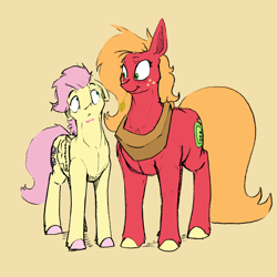 Size: 1280x1280 | Tagged: safe, artist:greyscaleart, color edit, edit, big macintosh, fluttershy, earth pony, pegasus, pony, g4, blushing, butterscotch, colored, colored hooves, facial hair, female, goatee, height difference, macareina, male, mare, rule 63, ship:butterreina, ship:fluttermac, shipping, simple background, stallion, straight, straw in mouth, yellow background