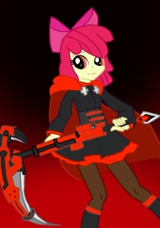 Size: 670x953 | Tagged: safe, artist:mythril azure, apple bloom, equestria girls, g4, bloom rose, bow, cape, clothes, crescent rose, crossover, dress, female, pantyhose, ruby rose, rwby, scythe, smiling, solo