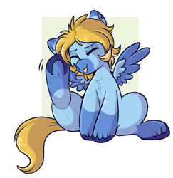 Size: 750x773 | Tagged: safe, artist:lulubell, oc, oc only, oc:swift wing, pegasus, pony, behaving like a dog, chest fluff, ear scratch, eyes closed, sitting, solo, spread wings, tongue out, two toned wings, wings