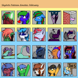 Size: 1500x1500 | Tagged: safe, artist:skydreams, oc, oc:ambrosia firehoof, oc:aqua grass, oc:blissy, oc:cade quantum, oc:cinnamon lightning, oc:dioxin, oc:galaxy rose, oc:lady foxtrot, oc:mint chaser, oc:queen lahmia, oc:scaramouche, oc:searing cold, oc:skitzy, oc:skydreams, oc:sparky showers, oc:staticspark, oc:tail winds, oc:undine, oc:wander bliss, alicorn, bat pony, bat pony alicorn, changeling, changeling queen, earth pony, kirin, original species, pegasus, plane pony, pony, red panda, unicorn, bat wings, blue screen of death, blushing, brick wall, collar, confetti, disguise, disguised changeling, ear piercing, emoji, emotes, excited, female, fire, flump, giggling, glasses, green fire, hanging, hanging upside down, hat, heart, hiding, hiding behind mane, horn, horn piercing, hug, looking up, male, mare, no eyelashes, owo, party hat, party horn, patreon, patreon reward, piercing, plane, pointing, sad, sign, stallion, starry eyes, submissive, tired, tongue out, upside down, wingding eyes, wings, x eyes