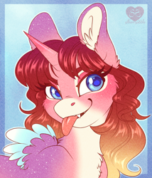 Size: 1192x1390 | Tagged: safe, artist:silkensaddle, oc, oc only, oc:mads, oc:maenad star, pony, bust, cheek fluff, chest fluff, ear fluff, female, horn, mare, small wings, smiling, solo, tongue out, wings
