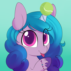 Size: 2000x2000 | Tagged: safe, artist:illusion, izzy moonbow, pony, unicorn, g5, ball, bracelet, cute, female, gradient background, high res, horn, horn guard, horn impalement, hornball, izzy's tennis ball, izzybetes, jewelry, looking at you, mare, solo, tennis ball, tongue out, unshorn fetlocks