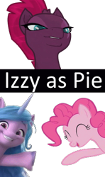 Size: 287x486 | Tagged: safe, edit, edited screencap, screencap, izzy moonbow, pinkie pie, tempest shadow, earth pony, pony, unicorn, g4, g5, hilarious in hindsight, izzy being pinkie, pun, simple background, the new pinkie pie, transparent background