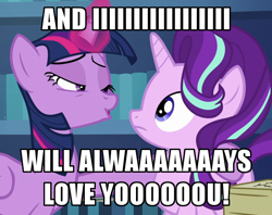 Size: 600x476 | Tagged: safe, edit, edited screencap, screencap, starlight glimmer, twilight sparkle, alicorn, pony, unicorn, g4, the crystalling, caption, cropped, duo, female, glowing horn, horn, i will always love you, image macro, lesbian, mare, ship:twistarlight, shipping, singing, song reference, text, twilight sparkle (alicorn), whitney houston