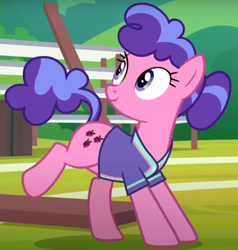 Size: 3000x3151 | Tagged: safe, screencap, berry blend, berry bliss, earth pony, pony, 2 4 6 greaaat, g4, buckball, buckball uniform, closed mouth, cute, friendship student, high res, poofy hair, raised leg