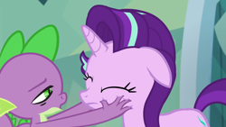 Size: 1920x1080 | Tagged: safe, screencap, spike, starlight glimmer, dragon, pony, unicorn, g4, the crystalling, duo, eyes closed, female, lidded eyes, male, mare, open mouth, out of context