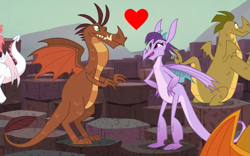 Size: 649x406 | Tagged: safe, edit, edited screencap, screencap, amarant, barry, billy, fizzle, prominence, dragon, g4, gauntlet of fire, crack shipping, cropped, dragon lands, dragoness, female, heart, male, promarry, shipping, straight