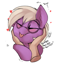 Size: 2226x2457 | Tagged: safe, alternate character, alternate version, artist:beardie, part of a set, oc, oc only, oc:pinkfull night, bat pony, human, pony, beardies scritching ponies, blushing, commission, cute, disembodied hand, eyes closed, fangs, female, glasses, hand, heart, high res, human on pony petting, petting, teenager, tongue out, ych result