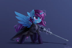 Size: 1920x1280 | Tagged: safe, artist:emeraldgalaxy, oc, oc only, oc:raven drake, alicorn, pony, alicorn oc, browning m2, commission, gun, horn, machine gun, solo, weapon, wings