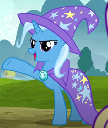 Size: 1250x1480 | Tagged: safe, screencap, princess cadance, trixie, pony, unicorn, g4, road to friendship, cape, clothes, female, gem, hat, mare, open mouth, raised hoof