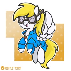 Size: 1200x1213 | Tagged: safe, artist:redpalette, oc, pegasus, pony, abstract background, clothes, cute, female, flying, goggles, jewelry, lab coat, mare, necklace, not derpy, pegasus oc, smiling, vector