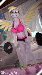 Size: 3160x5618 | Tagged: safe, artist:steamyart, derpy hooves, pegasus, anthro, plantigrade anthro, g4, 3d, clothes, female, glasses, lifting, shorts, solo, source filmmaker, sports bra, sports shorts, struggling, weight lifting, weights, workout, workout outfit