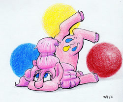 Size: 1280x1063 | Tagged: safe, artist:lost marbles, pinkie pie, earth pony, pony, g4, abstract background, butt, colored pencil drawing, cute, dock, face down ass up, female, mare, plot, silly, silly pony, smiling, solo, traditional art