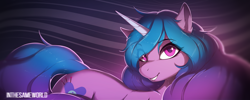 Size: 2500x1000 | Tagged: safe, artist:antiander, izzy moonbow, pony, unicorn, g5, ear fluff, eye clipping through hair, female, grin, looking at you, mare, smiling, solo, teeth, text