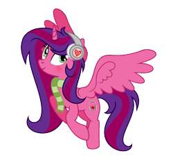 Size: 1369x1249 | Tagged: safe, artist:darbypop1, oc, oc only, oc:alyssa rice, alicorn, pony, clothes, female, headphones, mare, scarf, simple background, solo, transparent background