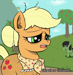 Size: 1053x1081 | Tagged: safe, artist:ponerino, applejack, oc, oc:filly anon, earth pony, pony, apple, apple tree, boop, colored, dialogue, digital art, female, filly, frown, hair bun, lidded eyes, mare, meme, messy mane, older, older applejack, open mouth, parody, self-boop, tired, tree