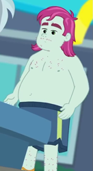 Size: 381x699 | Tagged: safe, screencap, meal ticket, equestria girls, g4, my little pony equestria girls: better together, x marks the spot, clothes, cropped, fat, fountain, hairy chest, hairy legs, leg hair, male, male nipples, nipples, solo, swimming trunks, swimsuit, topless