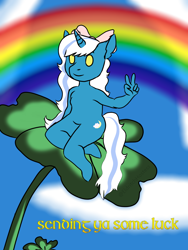 Size: 1200x1600 | Tagged: safe, artist:eldritchhostess, oc, oc:fleurbelle, alicorn, anthro, bow, clover, female, hair bow, holiday, mare, peace sign, rainbow, saint patrick's day