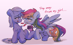 Size: 4727x2976 | Tagged: safe, artist:lexiedraw, rainbow dash, trixie, twilight sparkle, pegasus, pony, unicorn, g4, eyes closed, female, gritted teeth, jealous, lesbian, ship:twidash, ship:twixie, shipping, sweat, sweatdrops, trixdash, unicorn twilight