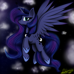 Size: 4000x4000 | Tagged: safe, artist:ser-p, princess luna, alicorn, pony, g4, absurd resolution, flying, night, solo