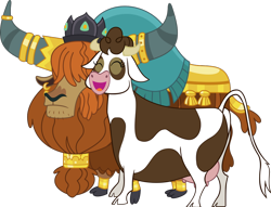 Size: 932x713 | Tagged: safe, artist:atmospark, artist:parclytaxel, edit, vector edit, daisy jo, prince rutherford, cow, yak, g4, party pooped, .svg available, cloven hooves, crack shipping, crown, ear piercing, earring, female, gold, horn, horn ring, jewelry, male, piercing, regalia, ring, rutherjo, shipping, simple background, straight, transparent background, udder, vector