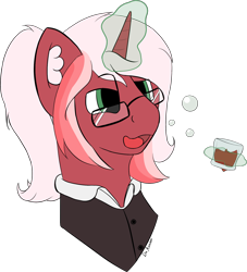 Size: 1831x2018 | Tagged: safe, artist:da random, derpibooru exclusive, oc, oc only, oc:muddle mix, pony, unicorn, alcohol, bubble, bust, clothes, colored, commission, drunk, ear fluff, glass, glasses, levitation, magic, multicolored hair, no shading, open mouth, signature, simple background, solo, telekinesis, transparent background