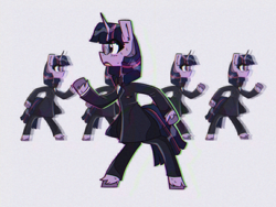 Size: 1600x1200 | Tagged: safe, artist:provolonepone, twilight sparkle, pony, unicorn, g4, 80s, bowtie, clothes, female, glasses, mare, once in a lifetime, simple background, solo, song parody, song reference, suit, talking heads, unicorn twilight